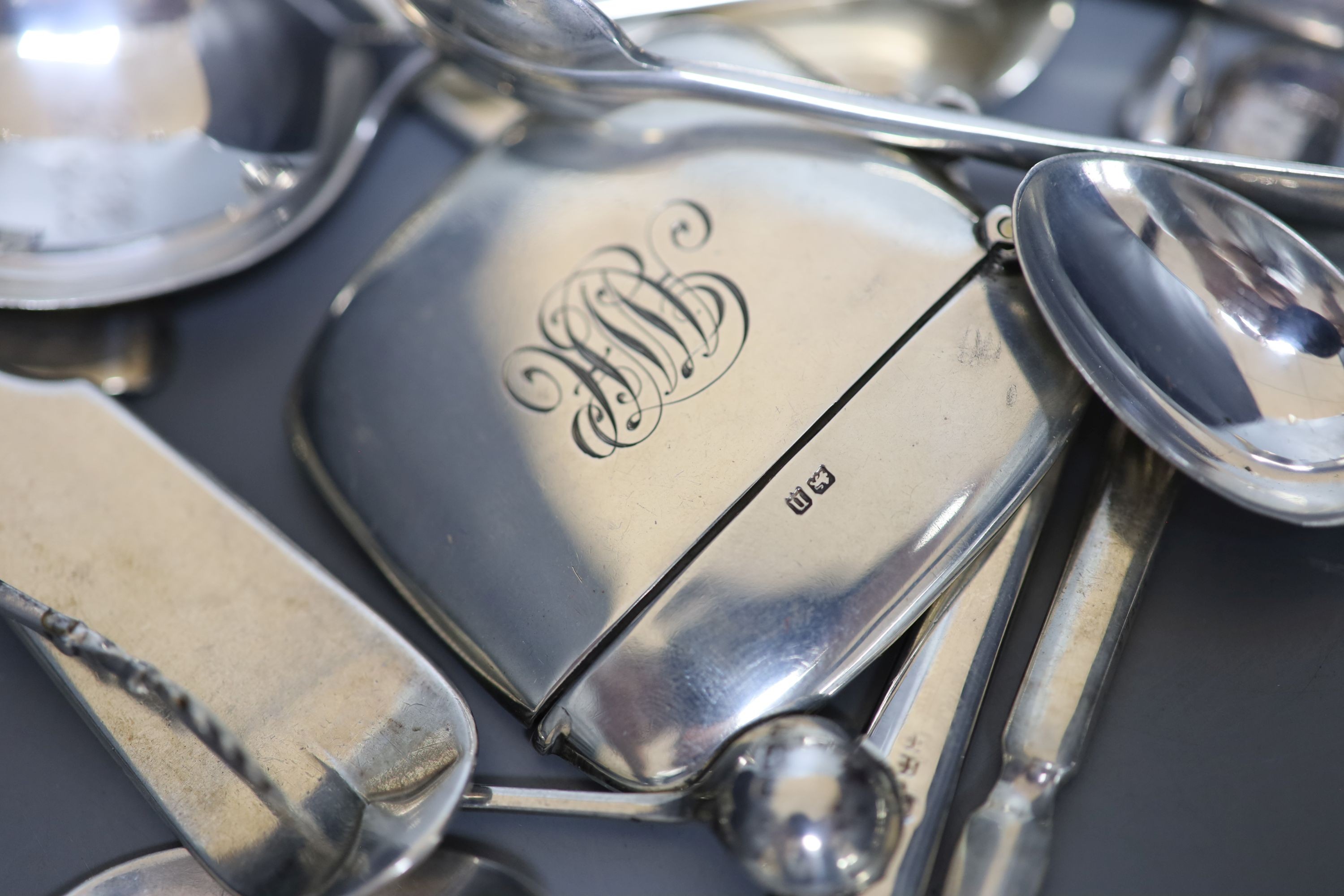 Sundry silver and plated items including flatware, sugar nips, small bowl, ashtray, cigarette case, pepperette, trinket box etc. weighable silver 31oz.